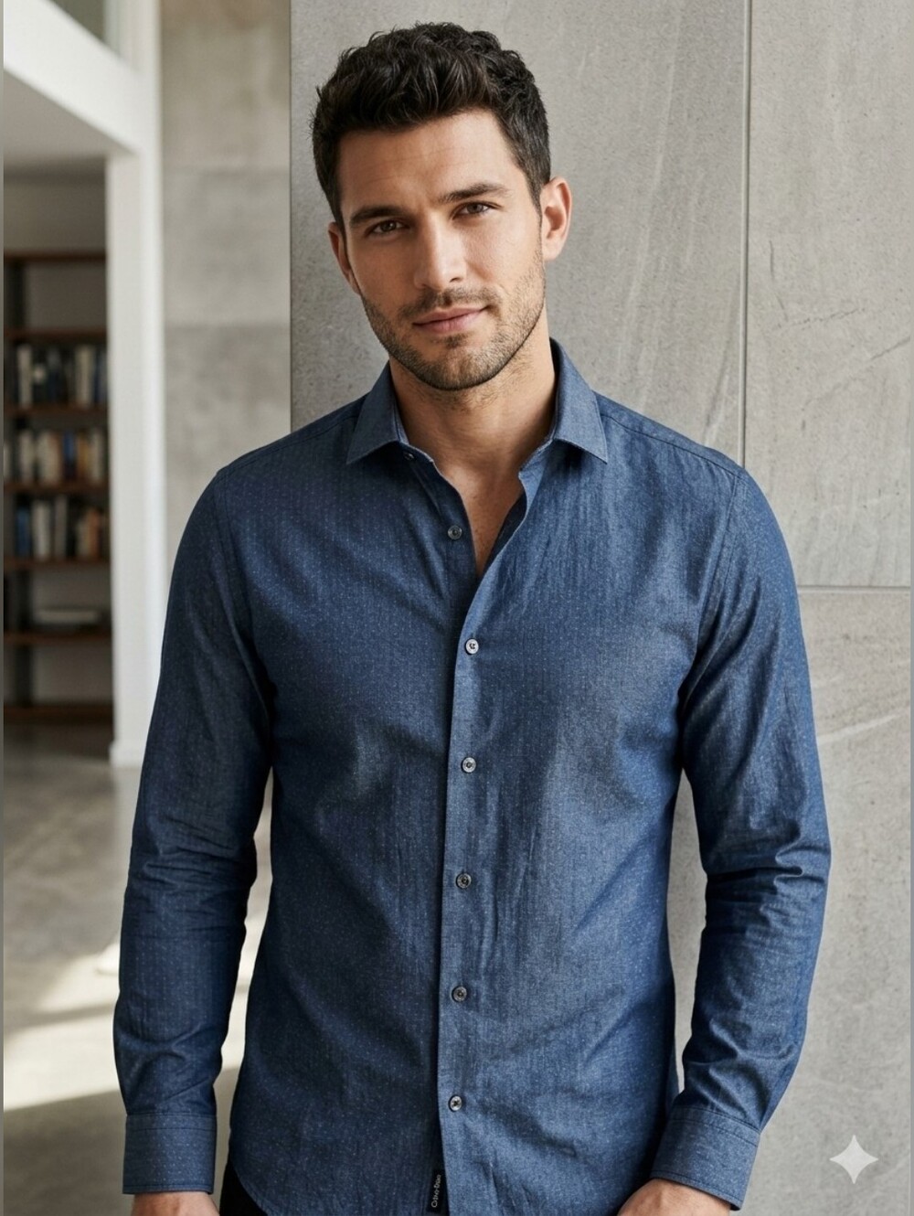 Calvin Klein Slim Fit Micro-Texture Button Down Shirt Indigo Blue Size Med